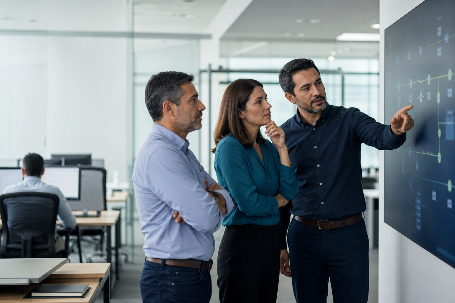 Tres profesionales revisando un flujo de integración en una sala de operaciones